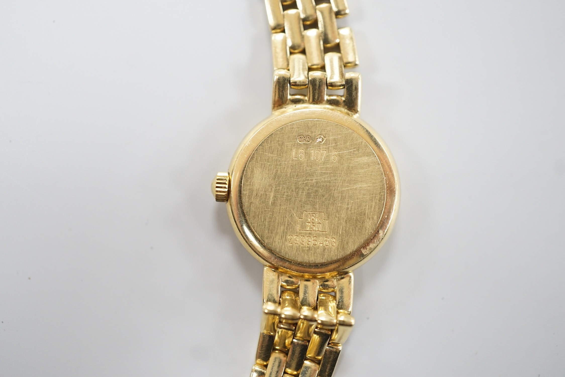 A lady's 2001 18ct gold Longines quartz wrist watch, on an 18ct gold Longines bracelet, overall length 18cm, gross weight 29.2 grams, with box and papers.